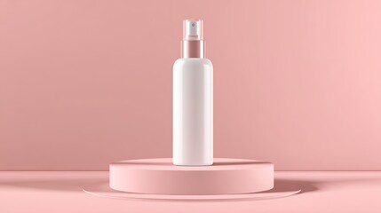 Minimalist product mockup of white cylindrical spray bottle on round pink pedestal with soft pastel blush background, clean modern cosmetic packaging design
