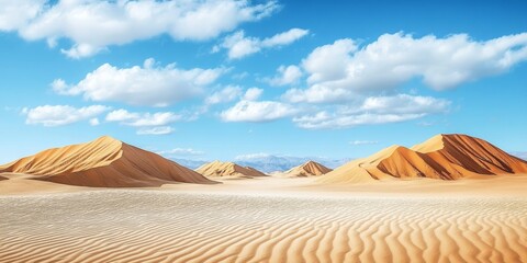 Vast Golden Sand Dunes Stretching Under a Bright Blue Sky with Fluffy White Clouds Above Them