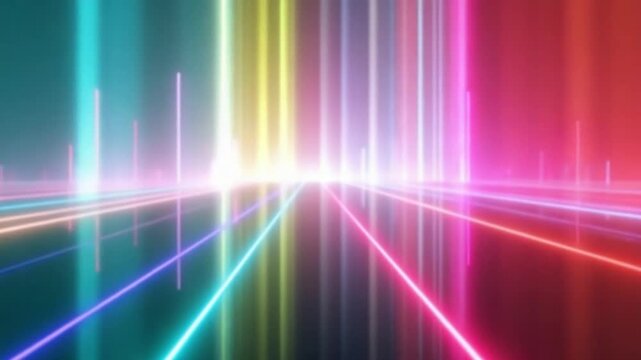 Abstract colorful background with bright neon rays and glowing lines. neon lines or light stripes go up and down.  Seamless looping animation