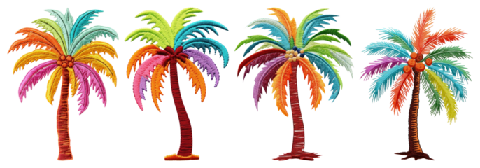 PNG Colorful embroidered palm trees, element set on transparent background
