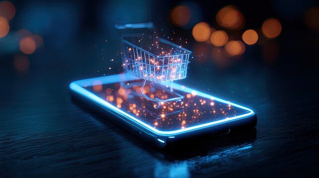 Glowing digital shopping cart emerging from smartphone screen on Cyber Monday.