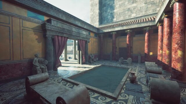 The interior of a Roman villa features colorful mosaics, tall columns, and elegant furnishings. Natural light streams in through open doors, illuminating the historical decor and artifacts.