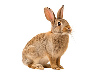 Obraz premium Brown cottontail rabbit sitting upright with alert ears and natural wild fur coloring and markings, isolated on a transparent background