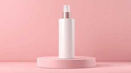 Minimalist product mockup of white cylindrical spray bottle on round pink pedestal with soft pastel blush background, clean modern cosmetic packaging design