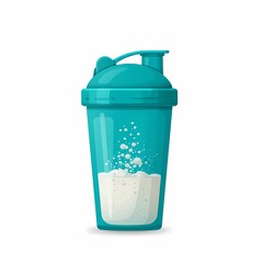 Turquoise shaker bottle with protein powder and bubbles for creatine supplement  