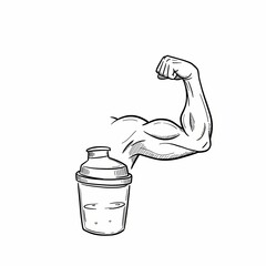 Strong arm flexing next to a shaker bottle representing creatine supplement  