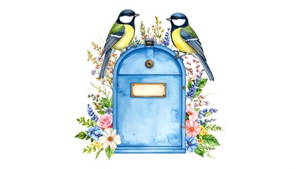 Two birds perched on a blue mailbox surrounded by colorful flowers
