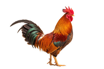 Vibrant rooster with orange and red plumage, green tail feathers and bright red comb, isolated on a transparent background