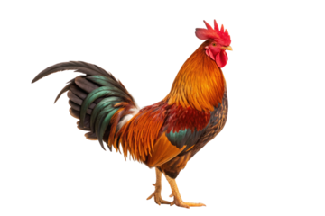 Vibrant rooster with orange and red plumage, green tail feathers and bright red comb, isolated on a transparent background