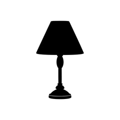 A silhouette of a table lamp with a conical shade resting on a decorative base and slender stand