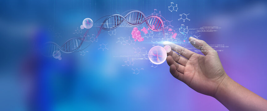 DNA helix concept of new ideas with Digital Virtual analysis chromosome DNA test of human in situations disease COVID-19 virus on hands in 3D illustration. Of free space for texts and creativity.