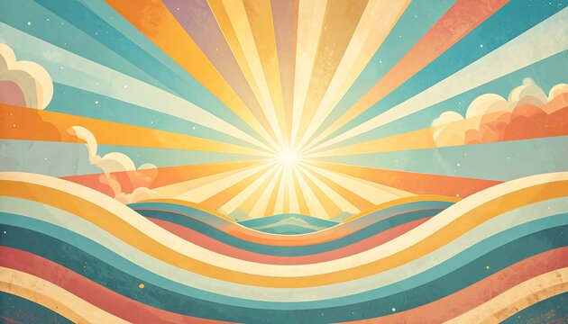 Abstract, retro-style illustration, featuring a radiant sunburst emanating from the horizon line, with vibrant multicolored stripes and clouds