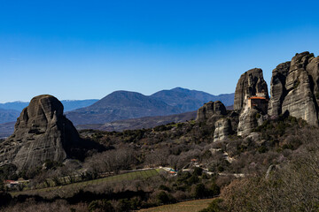 Panoramic view of Meteora and its monasteries on a sunny day