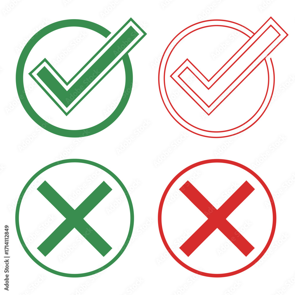 Poster green check mark and red cross symbols in circles on white background vector 1