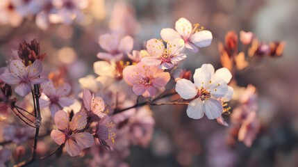 Spring background, fresh blooming flowers with soft sunlight, pastel tones for seasonal backdrop.
