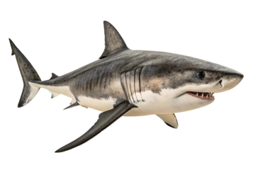Large great white shark displaying powerful jaw and triangular dorsal fin in profile view, isolated on a transparent background