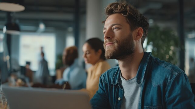 Startup business team, young entrepreneurs collaborating in stylish co-working office with laptops and energy, hopeful mood.