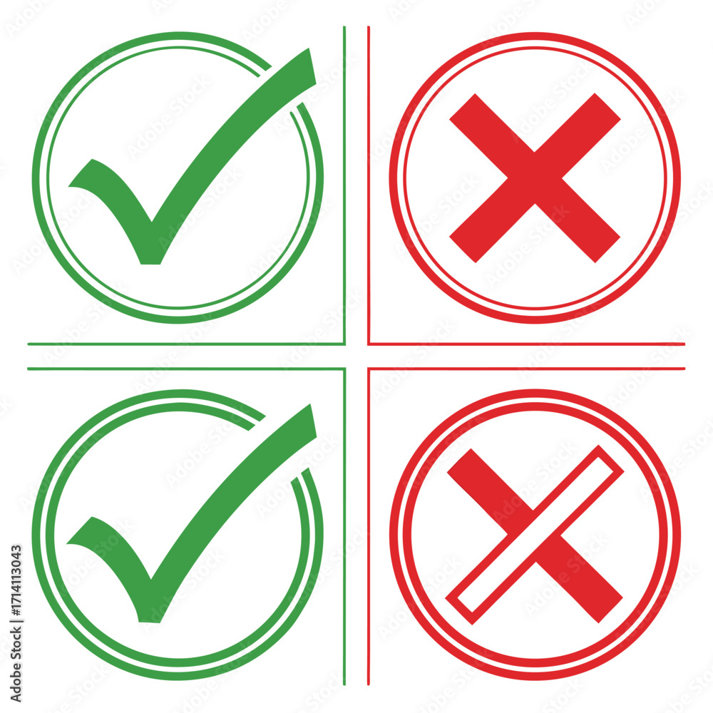 Poster two green checkmarks and two red crosses in circles on white background correct