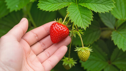 Hand holding ripe strawberry on plant