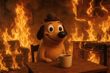 Keeping a positive attitude in a chaotic situation. A business concept of blissful ignorance and staying calm while everything goes wrong.