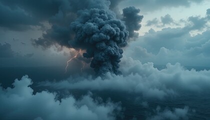 Dramatic volcanic eruption with lightning over the ocean creates a powerful sense of awe and impending doom