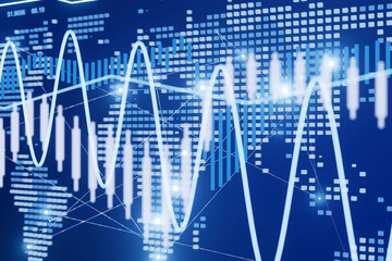Digital stock market graph with candlestick chart and trading indicators.