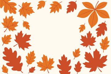 Flat vector illustration of an autumn background featuring scattered maple, oak, and chestnut leaves in warm colors (orange, yellow, brown, red).