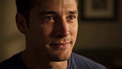 Man Smiles While Crying, Tears Run Down His Face, Shows Mixed Emotions, Displays Happiness and Sadness Inside