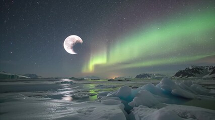 Moonlight shines on icy plains under green aurora borealis in iceland. Suitable for travel websites, nature blogs, and astronomy publications. - Powered by Adobe