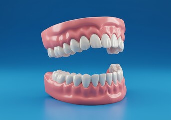 Fototapeta premium Complete Set of Dentures for Seniors Concept of Artificial Teeth and Restoring Smiles with Modern Dental Technology on Blue Background