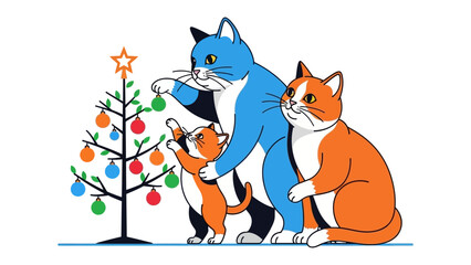 Festive Feline Family: A heart warming illustration of a family of cats gathers around a Christmas tree, decorating it with colorful ornaments and embracing the festive spirit with joy.