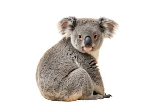 Adult koala in sitting position showing characteristic fluffy gray coat and calm demeanor facing camera, isolated on a transparent background