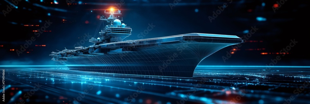 Aufkleber futuristic aircraft carrier wireframe navigating digital data ocean