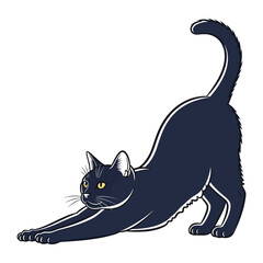 Elegant Black Cat: A graceful black cat stretches, showcasing its sleek form and poised elegance. Its focused gaze and raised tail suggest a curious, alert demeanor.