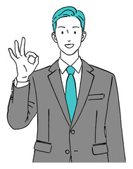 笑顔でOKマークのポーズをする男性のビジネスマンのおしゃれな線画アイコンベクターイラスト / オフィス / ラインアート