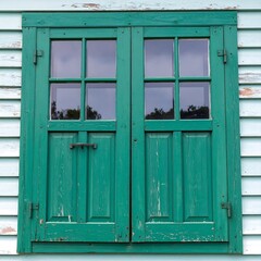 Teal wooden shutters on a light blue wall