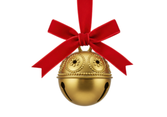 Isolated Holiday Christmas Sleigh Bell Ornament with a Shiny Red Bow on Top of a Golden Bell