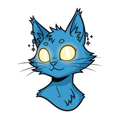Mystical Blue Cat Illustration: An illustrated blue cat portrait, with glowing yellow eyes, exuding an aura of calm wonder and artistic imagination.