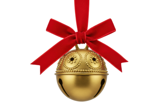 Isolated Holiday Christmas Sleigh Bell Ornament with a Shiny Red Bow on Top of a Golden Bell