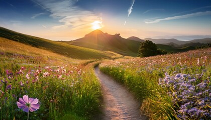Fototapeta premium A Gently Curving Path Winds Through A Field Of Wildflowers Leading The Eye Towards A Bright Horizon