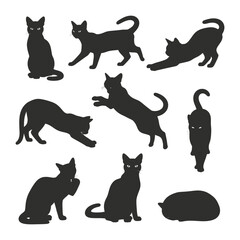 Cat Silhouette Collection: A minimalist illustration presents a delightful array of black cat silhouettes, each capturing a unique pose and personality, from playful stretches to focused gazes.