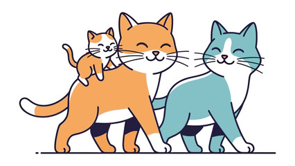 Playful Cat Family: Delightful cartoon illustration of three cheerful cats, exuding warmth and affection as they journey together. Embracing the spirit of companionship.