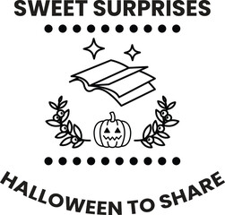 A black and white Halloween themed logo with a pumpkin and a book