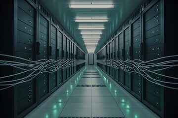 Immersive server room corridor with glowing green lights and intricate cable management creating a futuristic, high-tech data center atmosphere.