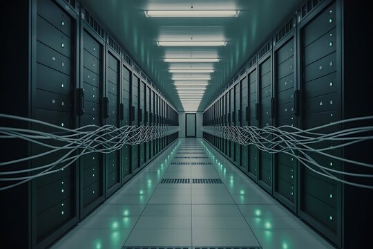 Immersive server room corridor with glowing green lights and intricate cable management creating a futuristic, high-tech data center atmosphere. - Powered by Adobe