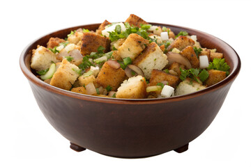 Delicious bowl of stuffing with croutons, vegetables, and herbs, a savory side dish for a comforting meal, perfect for Thanksgiving or a holiday feast