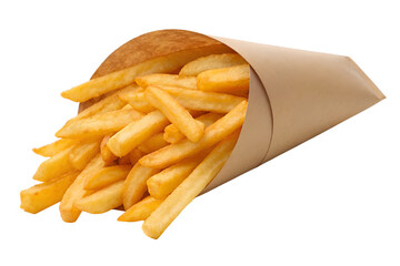Delicious crispy french fries in a paper cone, perfect for a quick snack or side dish, isolated on white
