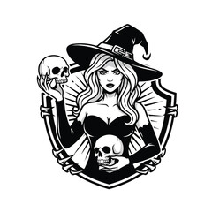 Monochrome illustration of a witch holding skulls against a shield backdrop.