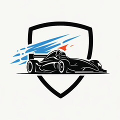 Racing car logo design with shield shape, showcasing a fast-moving race car.