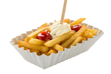 Delicious French Fries with Mayonnaise and Ketchup in a Fluted Paper Tray on a White Background